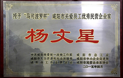 2015年4月杨文星主任“授予“马可波罗杯”咸阳市关爱员工优秀民营企业家